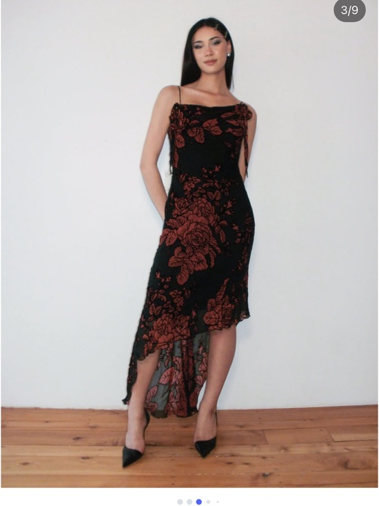 Cache Dresses & Skirts - Y2K Vintage Cache Black Dress with Rust Floral Print and Asymmetrical Hem